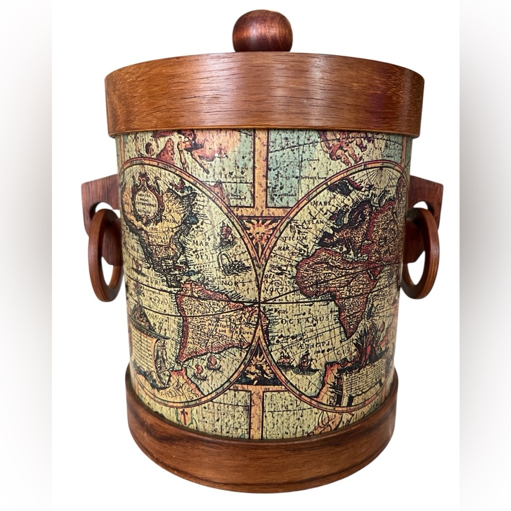 Vintage Old World Map Ice Bucket with Wooden Tongs, Nippon Saito - Picture 2 of 9